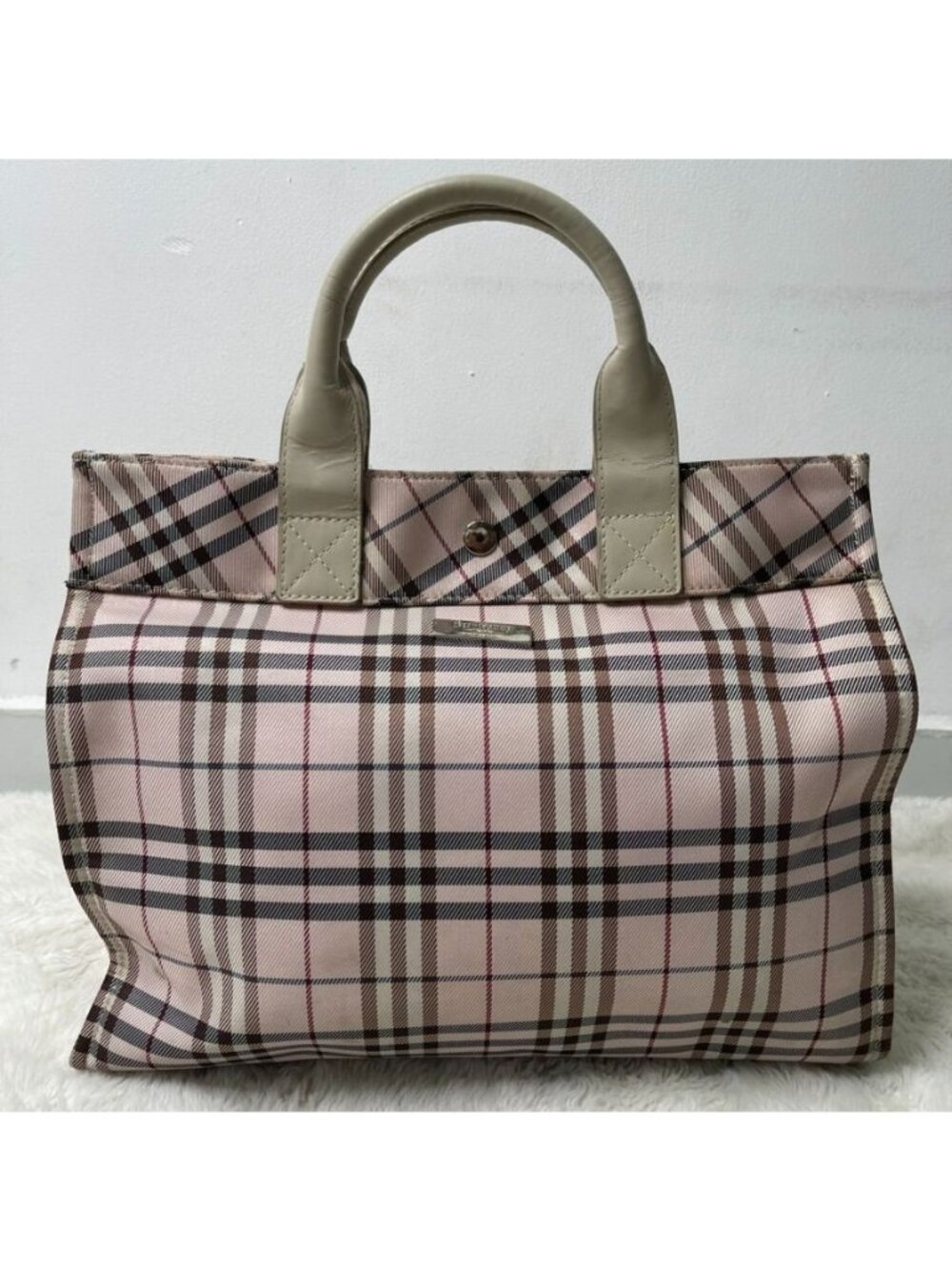 Burberry Blue Label Pink Nova Check Tote Bag Vintage Canvas Leather Handle